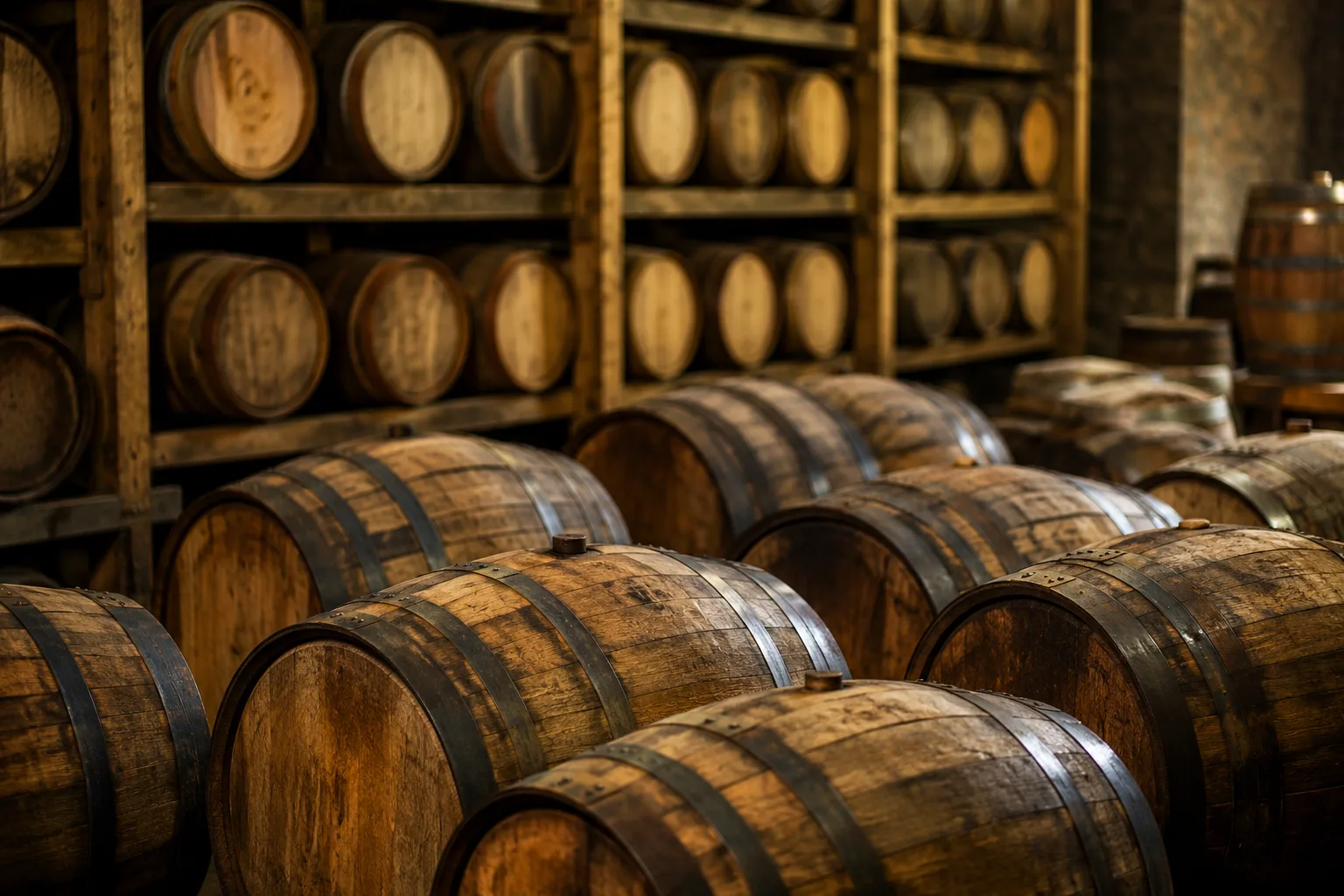Whisky casks maturing in a single distillery warehouse