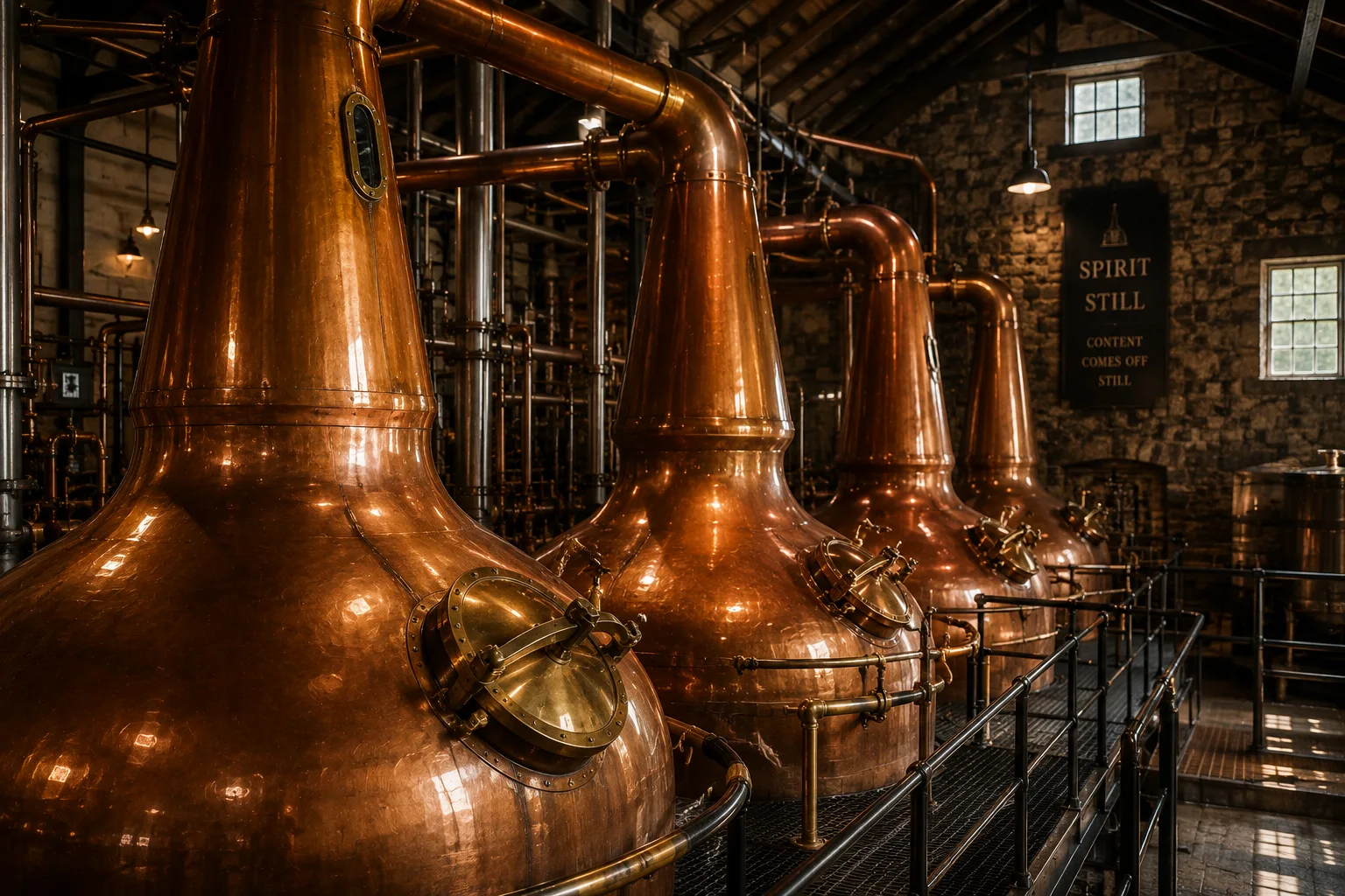 Copper pot stills used in whisky distillation