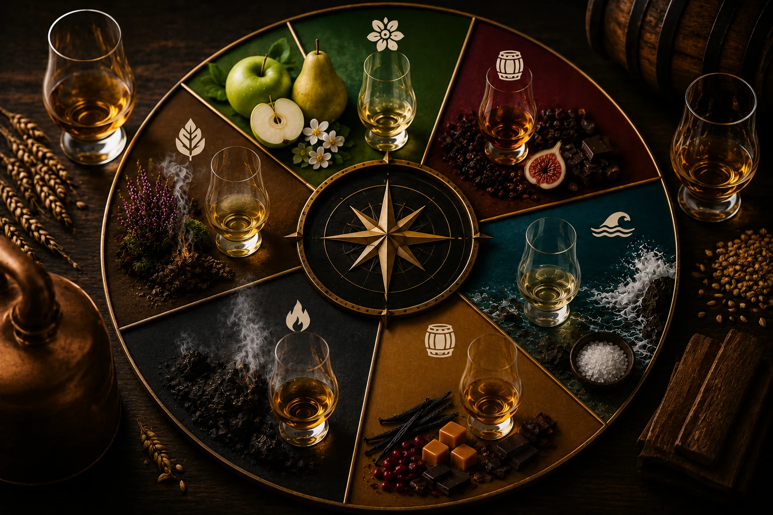 The Whisky EDU Flavor Compass showing six whisky flavor families
