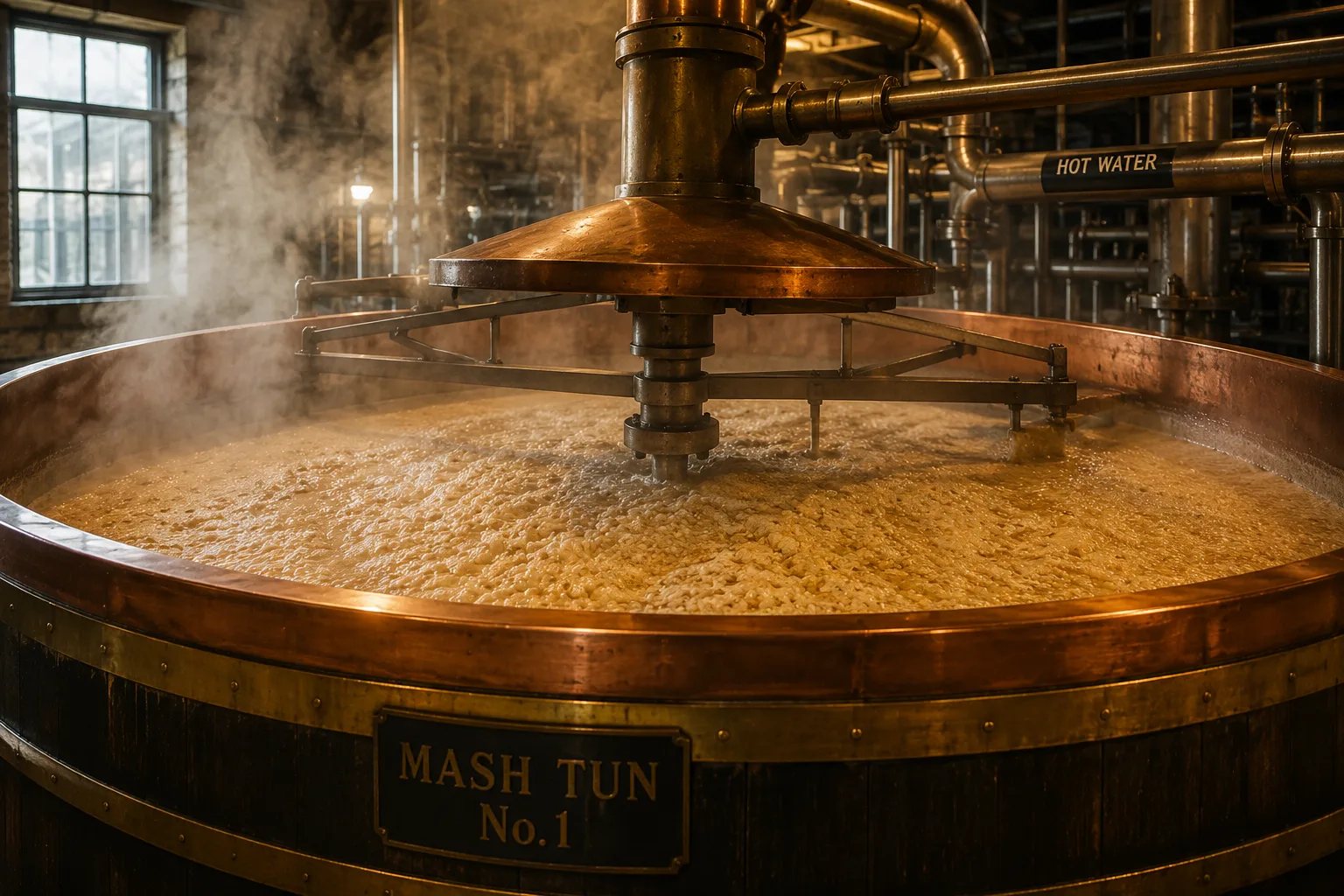 Mashing milled malt in hot water to create wort