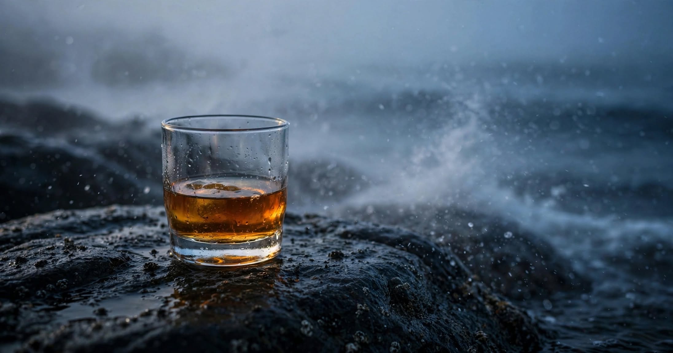 Coastal whisky in a glass on wet rock beside the sea