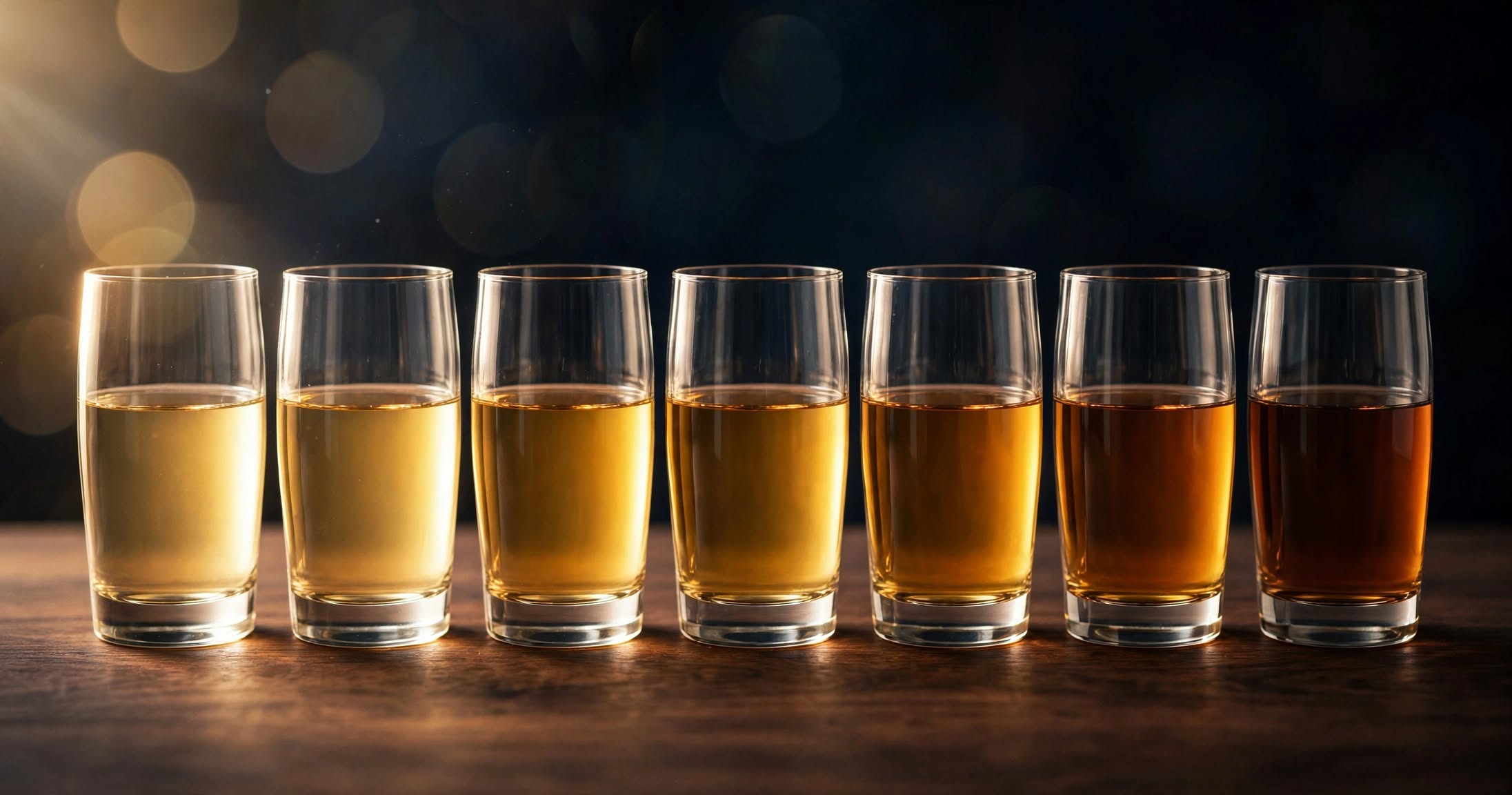 The seven types of whiskey shown side by side in tasting glasses